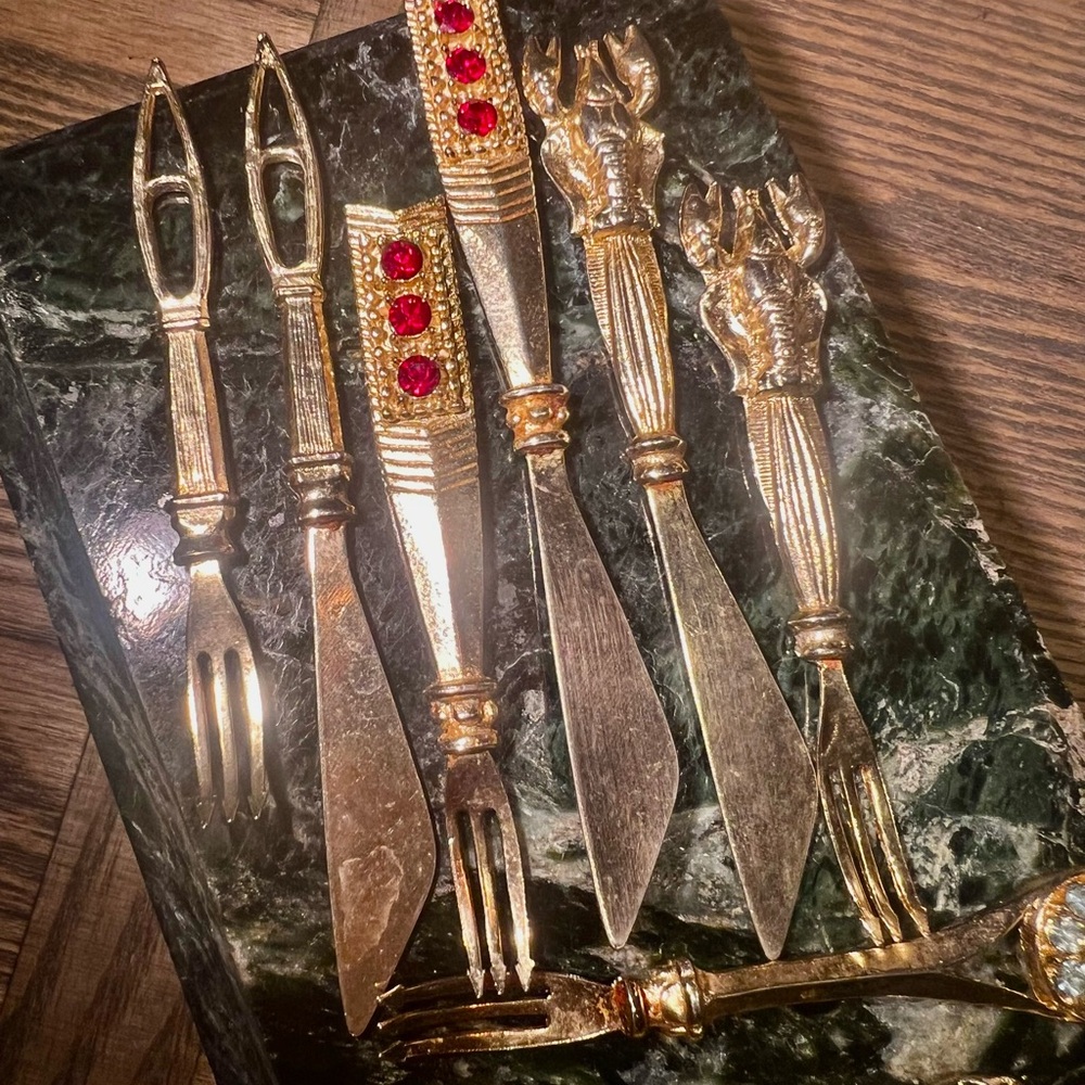 Unique Vintage Gold and Red Lobster Fork Set of Four Pairs
